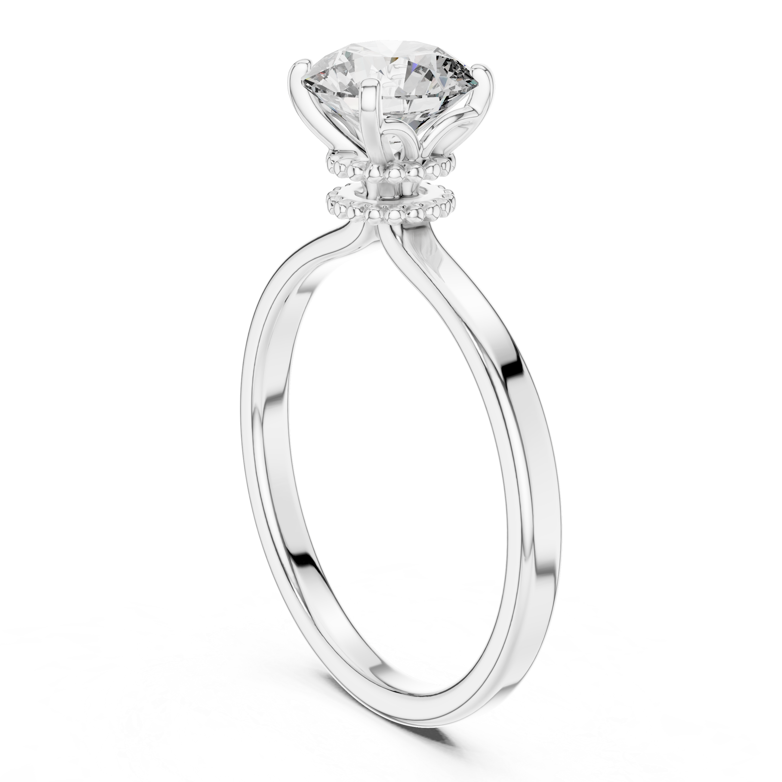 14-KT Elegant Solitaire 1-Ct Round Diamond Ring with Beaded Basket Setting